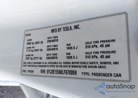 2020 Tesla Model 3 z USA, uszkodzony, nr VIN 5YJ3E1EA0LF670059